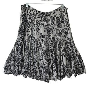 ICE Black White Floral Print Pleated Midi Skirt Women Size 8 Boho Flowy